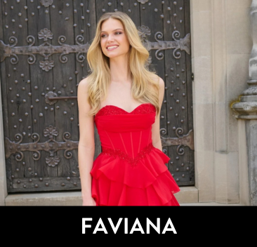 Woman in a red dress standing in front of an ornate door with 'FAVIANA' branding.