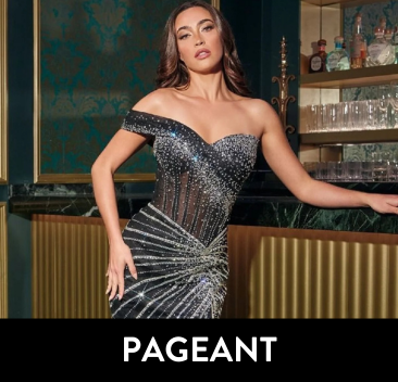Woman in a silver off-shoulder dress standing in a bar setting with 'PAGEANT' branding.