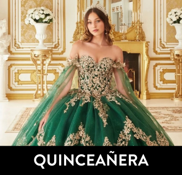 Woman in a green and gold quinceañera dress in an ornate room.